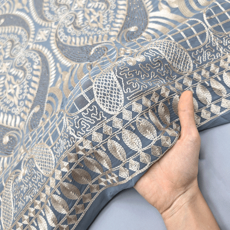 پارچه حریر سوزن دوزی هندی 8 رنگ طوسی آبی 