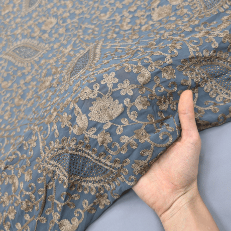 پارچه حریر سوزن دوزی هندی 13 رنگ طوسی آبی 