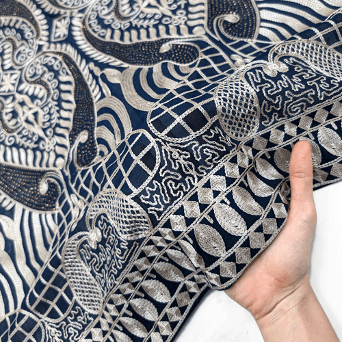 پارچه حریر سوزن دوزی هندی 8 رنگ سرمه ای 