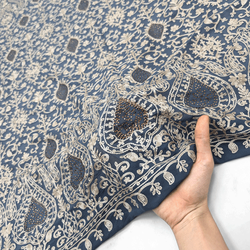 پارچه حریر سوزن دوزی هندی 9 رنگ طوسی آبی 