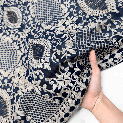 پارچه حریر سوزن دوزی هندی 10 رنگ سرمه ای 