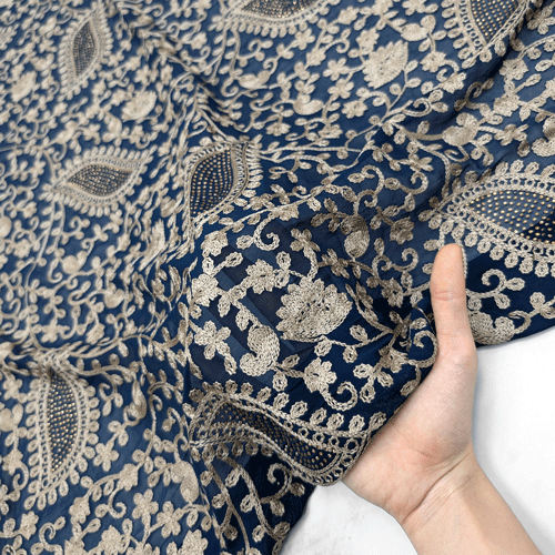 پارچه حریر سوزن دوزی هندی 13 رنگ سرمه ای 