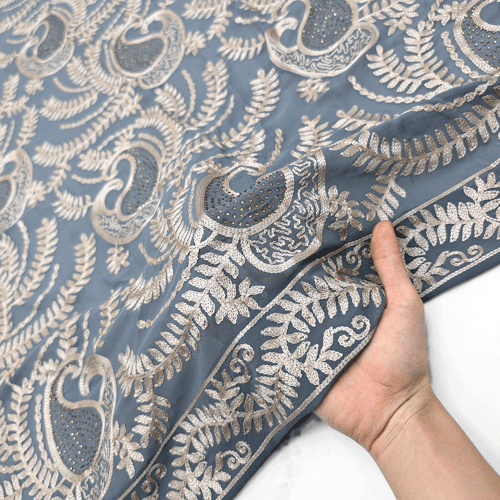 پارچه حریر سوزن دوزی هندی 16 رنگ طوسی آبی 