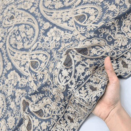 پارچه حریر سوزن دوزی هندی 22 رنگ طوسی آبی 