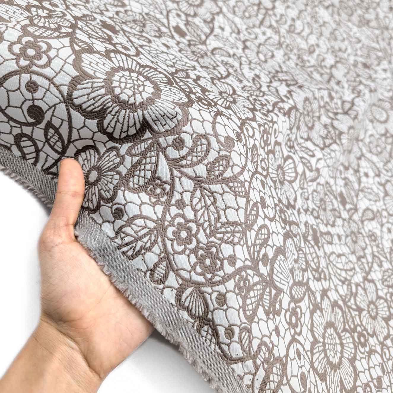 پارچه ژاکارد کتان دورو 227 رنگ کاراملی سفید 