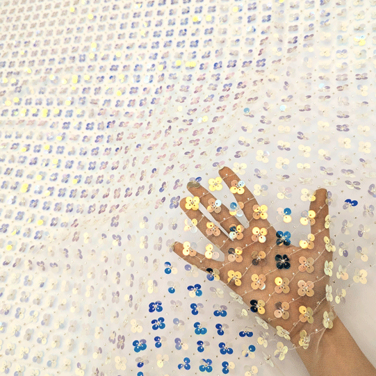 پارچه تور پولک دوزی مولتی رنگ گلبهی 