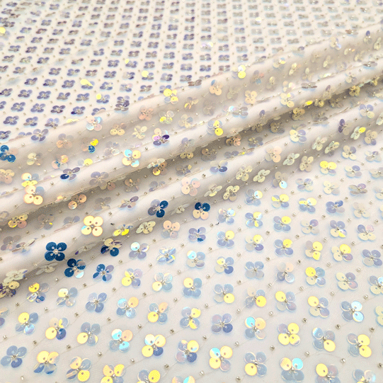 پارچه تور پولک دوزی مولتی رنگ گلبهی 