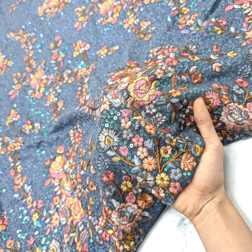 پارچه حریر سوزن دوزی هندی 14 رنگ آبی 