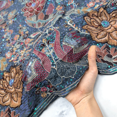 پارچه حریر سوزن دوزی هندی 18 رنگ آبی 