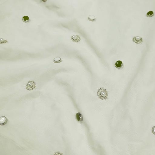 پارچه کریشه جواهر دوزی رنگ شیری مروارید سبز 