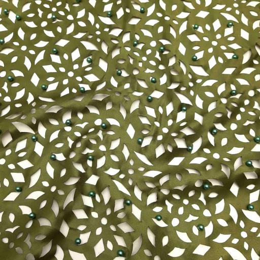 پارچه ساتن لیزکات مرواریددوزی رنگ زیتونی 