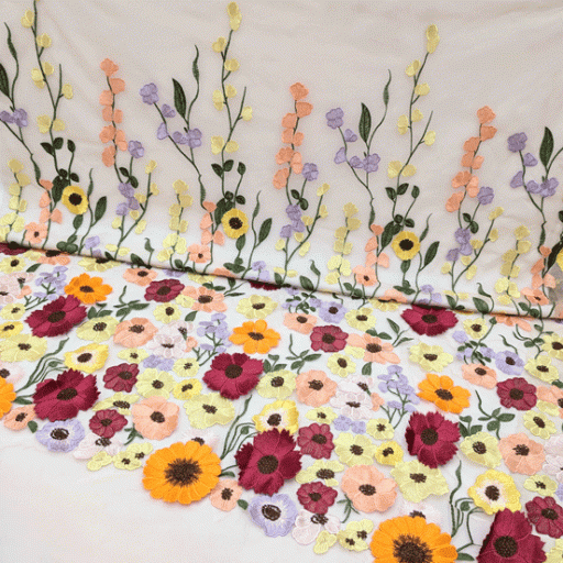 پارچه تور گلدوزی رنگ زمینه گلبهی 