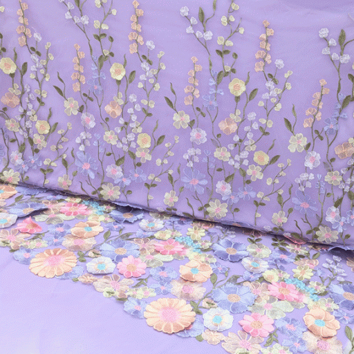 پارچه تور گلدوزی رنگ زمینه یاسی 