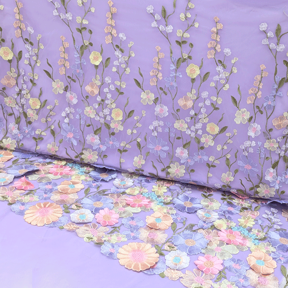 پارچه تور گلدوزی رنگ زمینه یاسی 