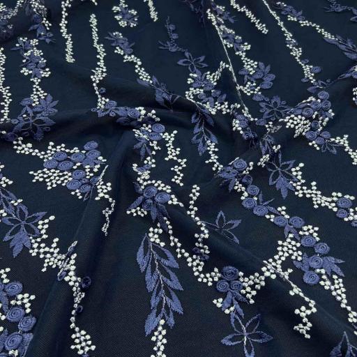 پارچه تور گلدوزی رنگ سرمه ای 