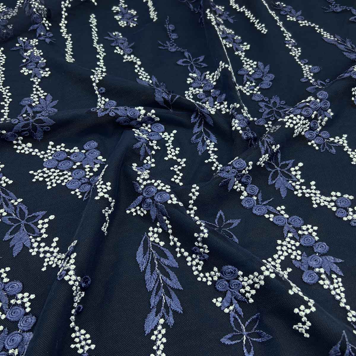 پارچه تور گلدوزی رنگ سرمه ای 