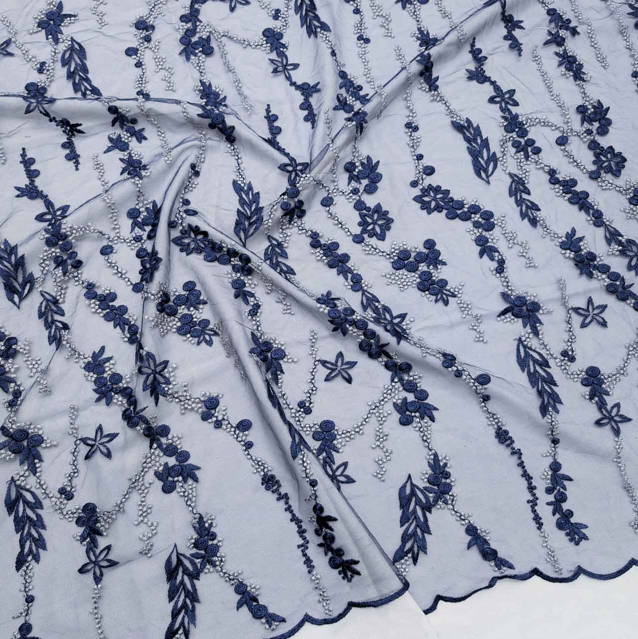 پارچه تور گلدوزی رنگ سرمه ای 