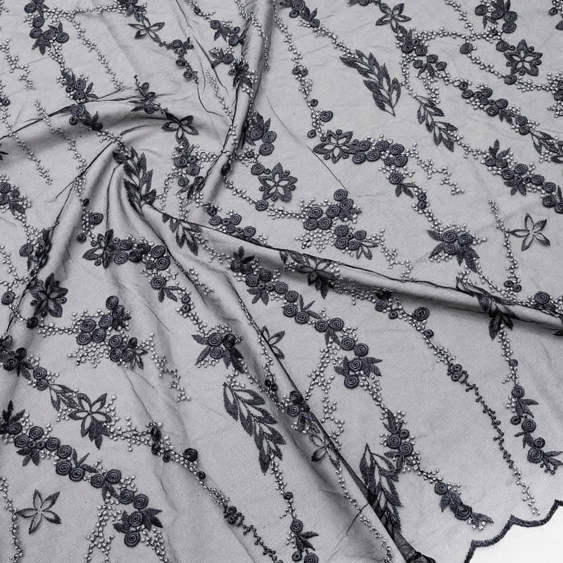 پارچه تور گلدوزی رنگ مشکی طوسی 